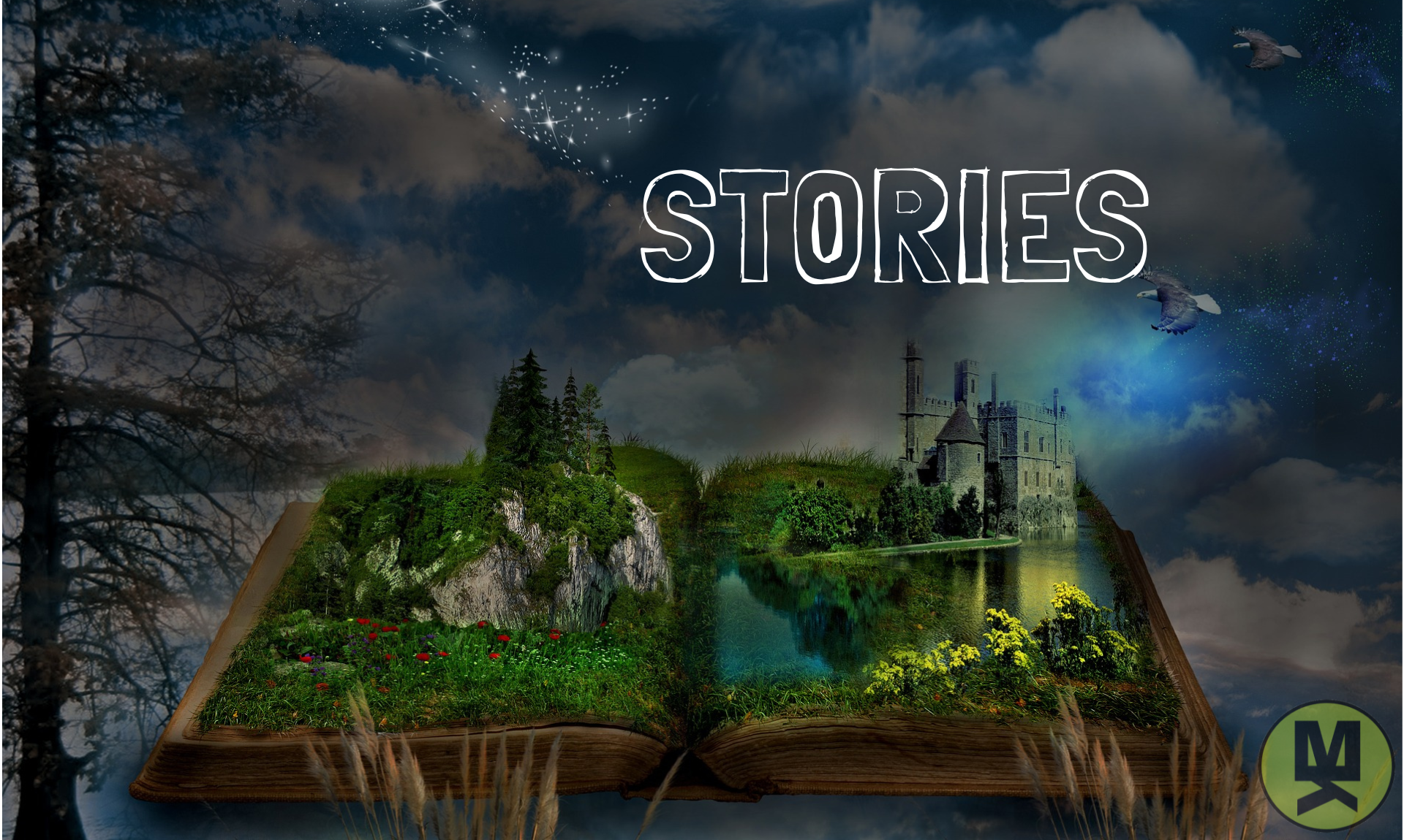A world emerging from an open book the features lush green mountains, a lake and a castle. The word "Stories" overhead.